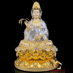 Tượng Phật Quan Âm bằng đồng men cổ dát bạc cao 30 – 40 – 48 – 60 cm