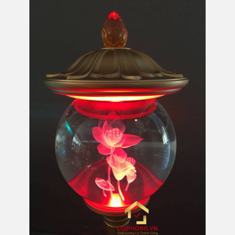 Đèn thờ phật đẹp bằng pha lê cao cấp hình cầu mũ ô bên trong có hoa sen 3D 3