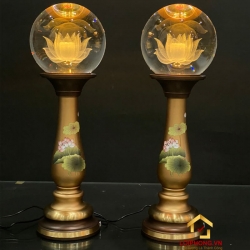 Đèn bàn thờ hình cầu bằng pha lê thân vẽ cao cấp khắc hoa sen 3D