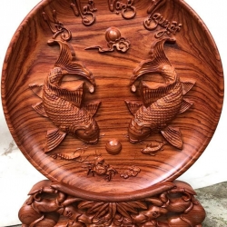 Đĩa gỗ trang trí lý ngư vọng nguyệt bằng gỗ hương đường kính đĩa 30 - 35 - 40 cm dày 4 cm