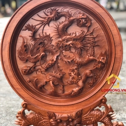 Đĩa gỗ trang trí tứ linh viền bằng gỗ hương đường kính đĩa 30 - 35 - 40 cm dày 4 cm
