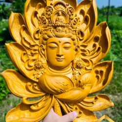 Diện Phật Quan Âm treo tường bằng gỗ gõ vàng kích thước 47x35 cm 3