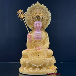 Tượng Địa Tạng Vương Bồ Tát ngồi đài sen bằng bột đá thạch anh viền vàng cao 48cm