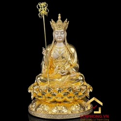 Tượng Địa Tạng Vương Bồ Tát bằng đồng dát vàng ấn bảo cao 40 cm