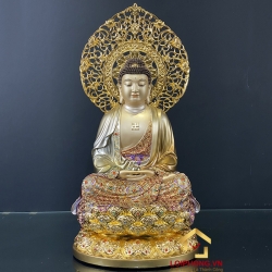 Tượng Phật A Di Đà bằng đồng ngồi đài sen ấn ấn bảo có lá đề cao 48 cm