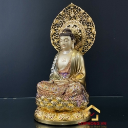 Tượng Phật A Di Đà bằng đồng ngồi đài sen ấn ấn bảo có lá đề cao 48 cm 3
