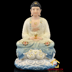 Tượng Phật A Di Đà bằng bột đá ngồi đế mây sơn xanh cao 48 cm