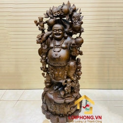 Tượng Phật Di Lặc ngũ phúc gánh đào kích thước 120x52x47 cm
