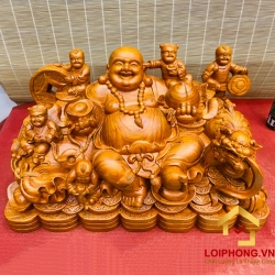 Tượng Phật Di Lặc ngũ phúc ngồi cầm đào kích thước 60x34x33 cm