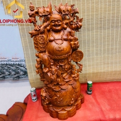 Tượng Phật Di Lặc ngũ phúc gánh đào kích thước 100x46x42 cm