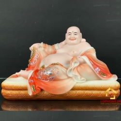Tượng Phật Di Lặc bằng bột đá màu cam đỏ kích thước 40x24x23 cm
