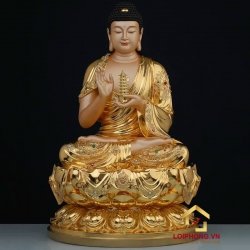 Tượng phật Dược Sư ngồi hoa sen bằng đồng dát vàng cao 48 cm