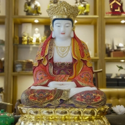 Tượng Phật Quan Âm Tỳ Lô bằng đá Bạch Ngọc tự nhiên vẽ gấm dát vàng