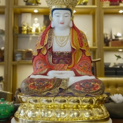 Tượng Phật Quan Âm Tỳ Lô bằng đá Bạch Ngọc tự nhiên vẽ gấm dát vàng 1