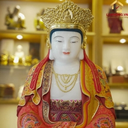Tượng Phật Quan Âm Tỳ Lô bằng đá Bạch Ngọc tự nhiên vẽ gấm dát vàng 3