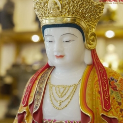Tượng Phật Quan Âm Tỳ Lô bằng đá Bạch Ngọc tự nhiên vẽ gấm dát vàng 4