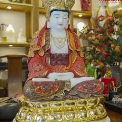 Tượng Phật Quan Âm Tỳ Lô bằng đá Bạch Ngọc tự nhiên vẽ gấm dát vàng 5
