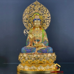 Tượng Phật Quan Âm ngồi đài sen bằng đồng vẽ gấm ấn bảo cao 48cm