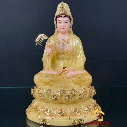 Tượng Phật Quan Âm ngồi đài sen bột đá thạch anh viền vàng 30 - 40 - 48 cm