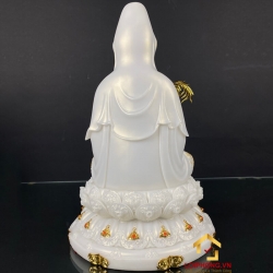 Tượng Phật Quan Âm ngồi đài sen đá trắng viền vàng 30 - 40 - 48 cm