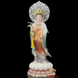 Tượng Phật Quan Âm đứng đài sen màu xanh viền vàng cao 48 - 65 - 90 cm
