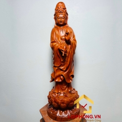 Tượng Phật Quan Âm đứng đài sen kích thước 80x25x23 cm