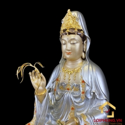 Tượng Phật Quan Âm bằng đồng men cổ dát bạc cao 30 – 40 – 48 – 60 cm 3