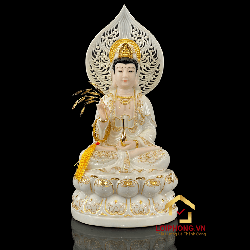 Tượng Phật Quan Âm bằng bột đá trắng viền vàng cao 40 cm