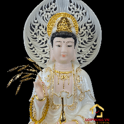 Tượng Phật Quan Âm bằng bột đá trắng viền vàng cao 40 cm 2