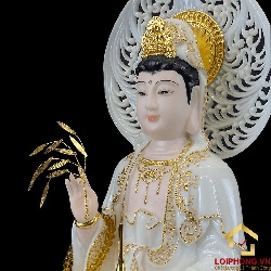 Tượng Phật Quan Âm bằng bột đá trắng viền vàng cao 40 cm 3