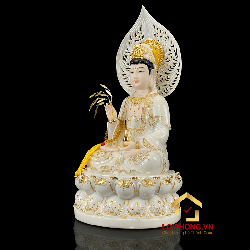 Tượng Phật Quan Âm bằng bột đá trắng viền vàng cao 40 cm 5