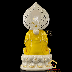 Tượng Phật Quan Âm bằng bột đá áo vàng vẽ gấm viền vàng cao 40 cm 1