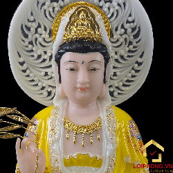 Tượng Phật Quan Âm bằng bột đá áo vàng vẽ gấm viền vàng cao 40 cm 2