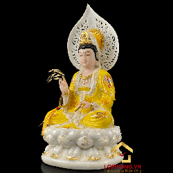 Tượng Phật Quan Âm bằng bột đá áo vàng vẽ gấm viền vàng cao 40 cm 3