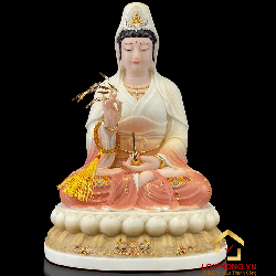 Tượng Phật Quan Âm bằng bột đá tọa đài sen vẽ hoa cao 30, 40 cm
