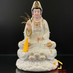 Tượng Phật Quan Âm bằng bột đá trắng viền vàng cao 30, 40, 48 cm
