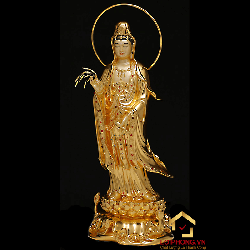 Tượng Phật Quan Âm đứng bằng đồng dát vàng ấn bảo cao 48-106 cm