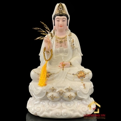 Tượng Ta Bà Tam Thánh bằng bột đá trắng tọa đế mây viền vàng cao 30 – 40 – 48 cm 2