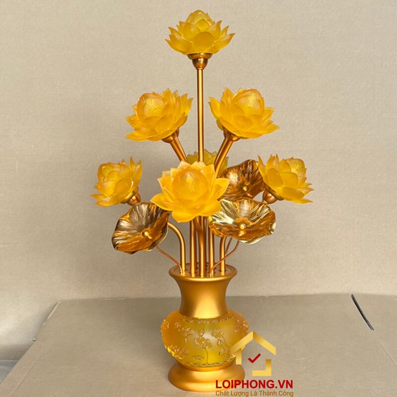 Đèn thờ hoa sen 9 bông nở rộ cao 55 cm 4