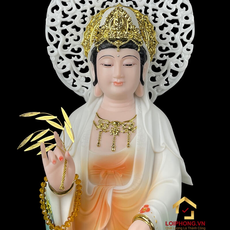 Tượng Phật Quan Âm đứng đài sen màu xanh viền vàng cao 48 - 65 - 90 cm  2