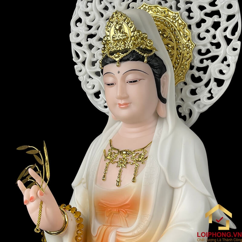 Tượng Phật Quan Âm đứng đài sen màu xanh viền vàng cao 48 - 65 - 90 cm 4