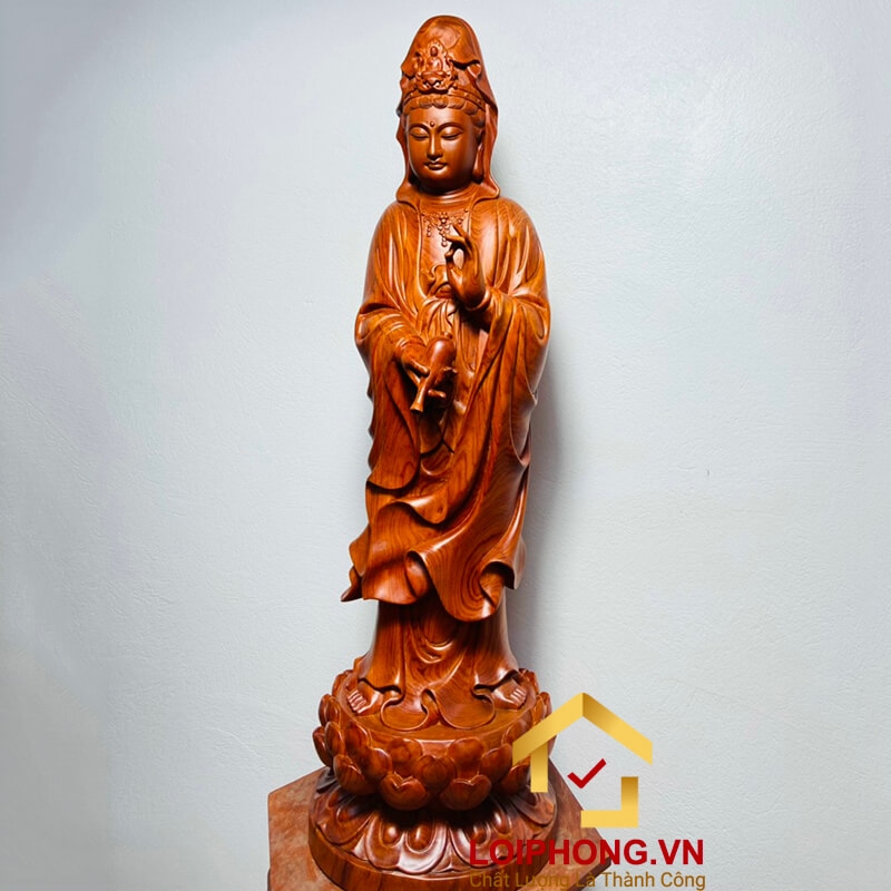 Tượng Phật Quan Âm đứng đài sen kích thước 80x25x23 cm 2