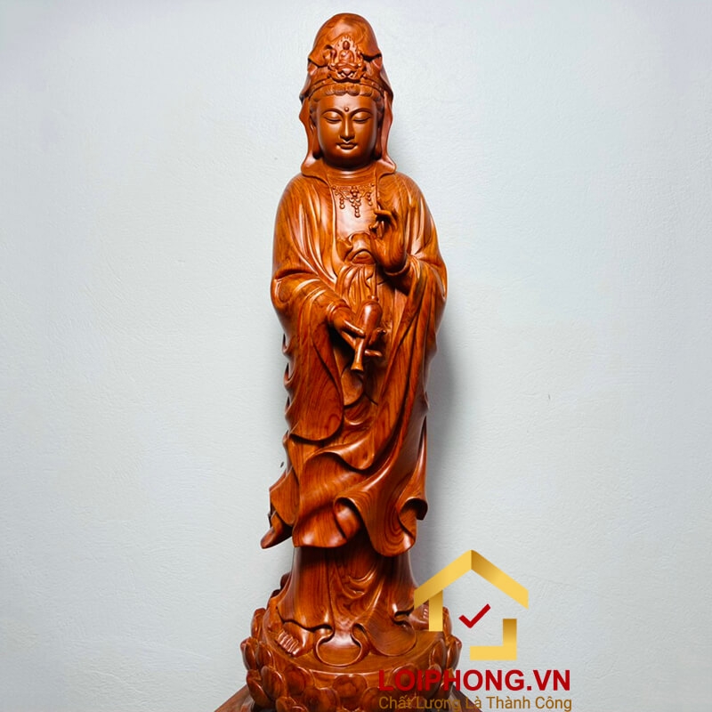 Tượng Phật Quan Âm đứng đài sen kích thước 80x25x23 cm 3