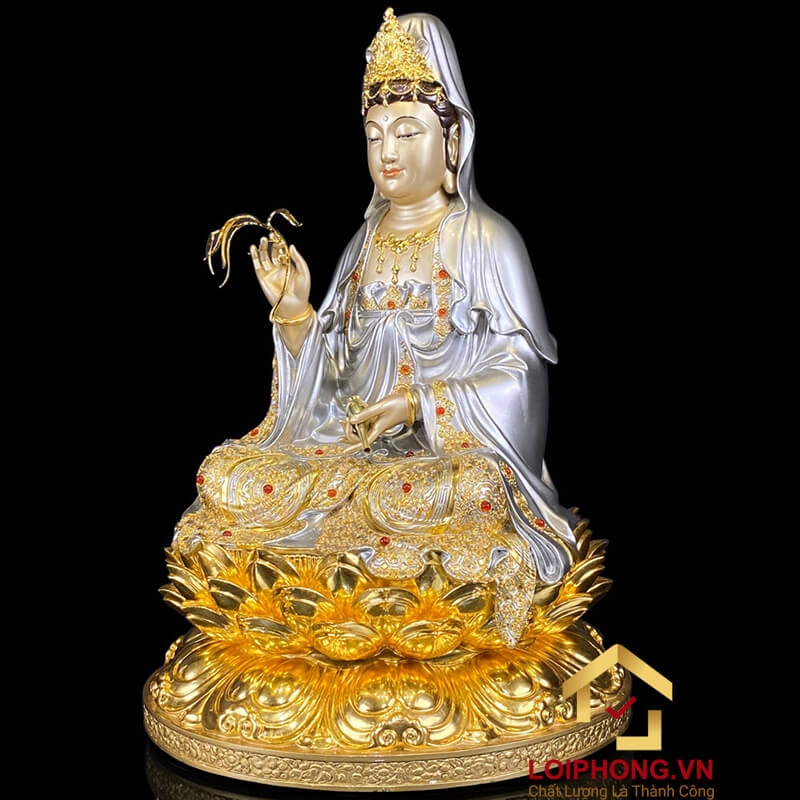 Tượng Phật Quan Âm bằng đồng men cổ dát bạc cao 30 – 40 – 48 – 60 cm 4