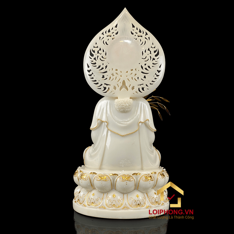 Tượng Phật Quan Âm bằng bột đá trắng viền vàng cao 40 cm 1