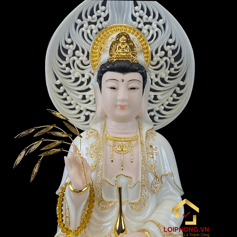 Tượng Phật Quan Âm bằng bột đá trắng viền vàng cao 40 cm 2