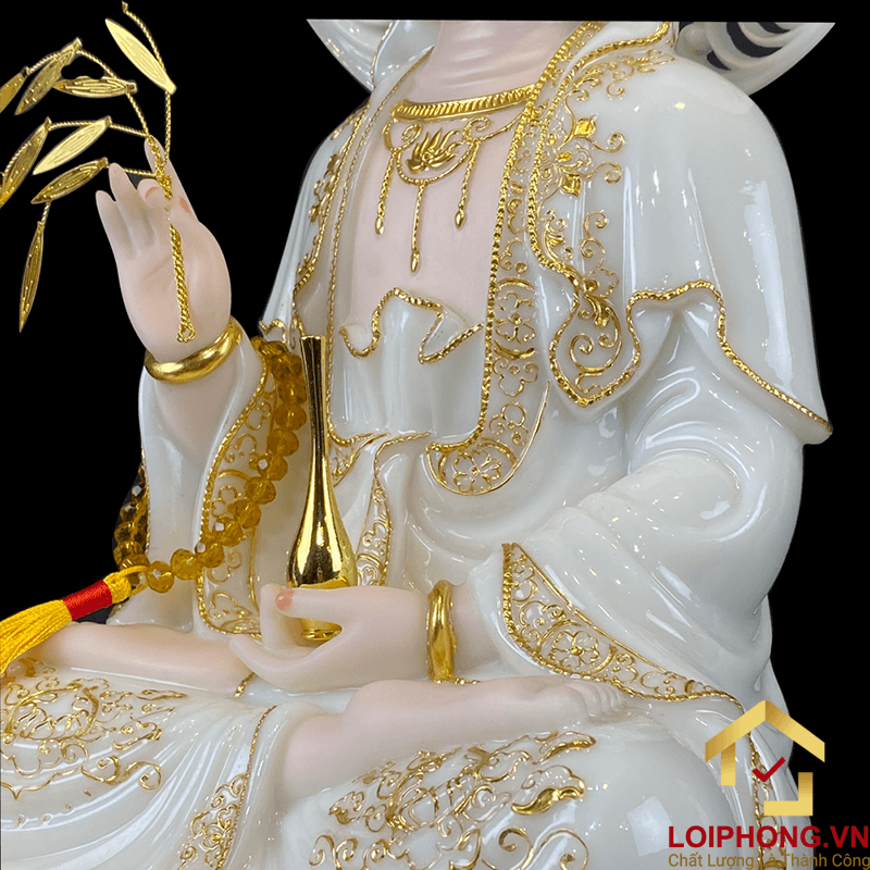 Tượng Phật Quan Âm bằng bột đá trắng viền vàng cao 40 cm 4