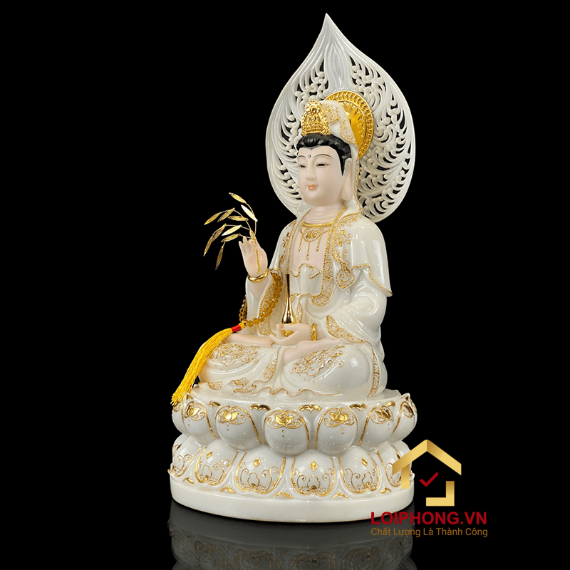 Tượng Phật Quan Âm bằng bột đá trắng viền vàng cao 40 cm 5