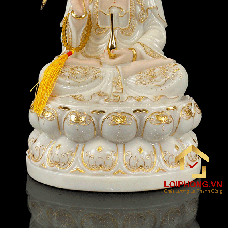 Tượng Phật Quan Âm bằng bột đá trắng viền vàng cao 40 cm 6
