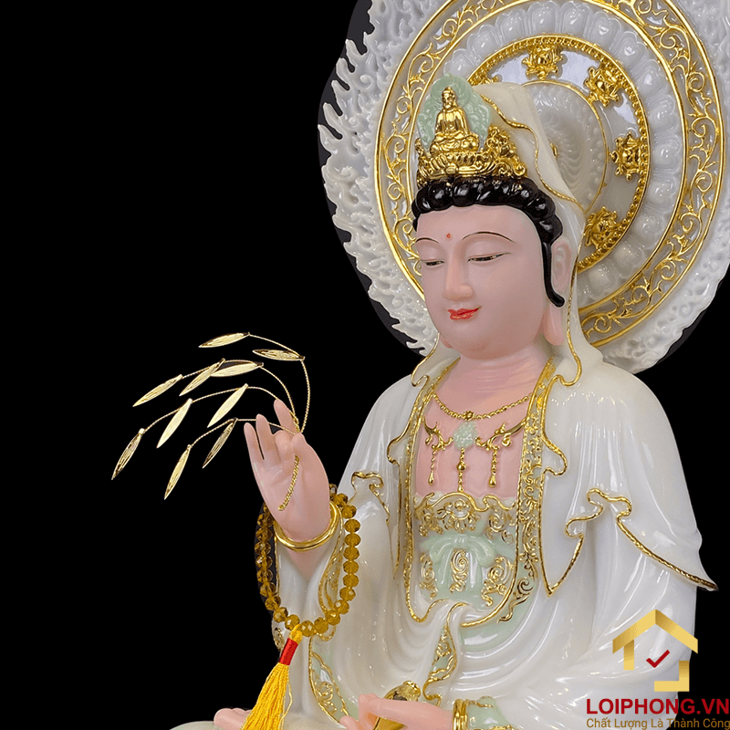 Tượng Phật Quan Âm bằng bột đá trắng có hào quang cao 40,48,65 cm 3